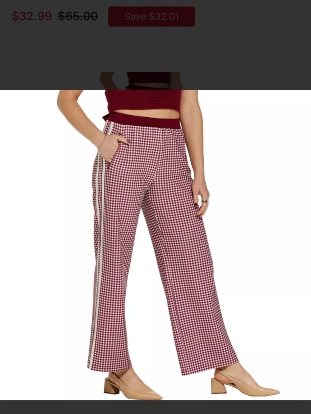 Le Lis Burgundy Gingham Wide-Leg Pants with White Side Stripe